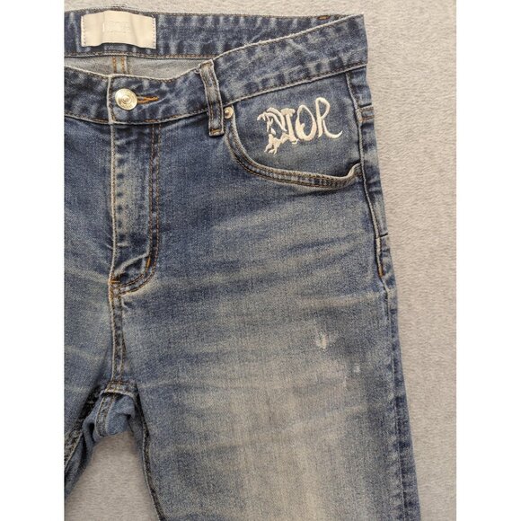 Dior Jeans Mens 31 Blue Distressed Slim Fit Embroidered Logo Denim Designer - Picture 3 of 16